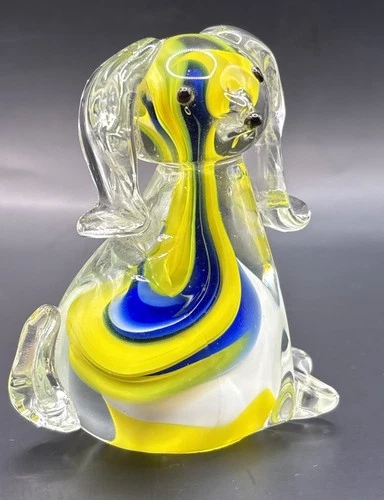 Vintage Murano Style Art Glass Dog Figurine Yellow Blue Swirl 7” Paperweight