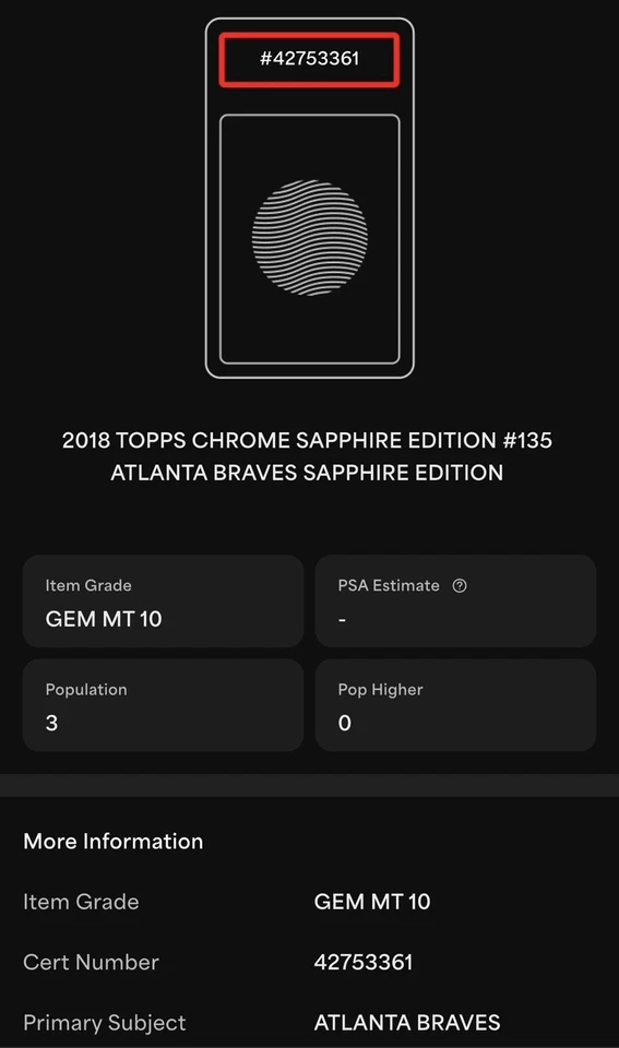 2018 Topps Chrome Sapphire Refractor Atlanta Braves Team #135 PSA 10 POP 3!! - Image 2 of 2