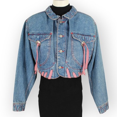 Vintage M/L HystericEtVous Crop Denim JEAN JACKET Western Gingham Red Cowgirl