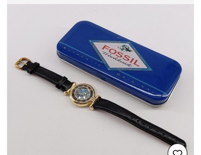 Fossil Women's PC-1318 Quartz Analog Gold Tone Case Black Leather Strap Tin