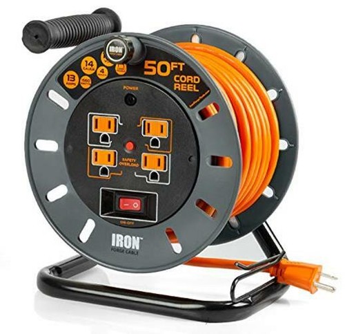 50 Ft Extension Cord Reel with 4 Electrical Power Outlets -  Assorted Sizes