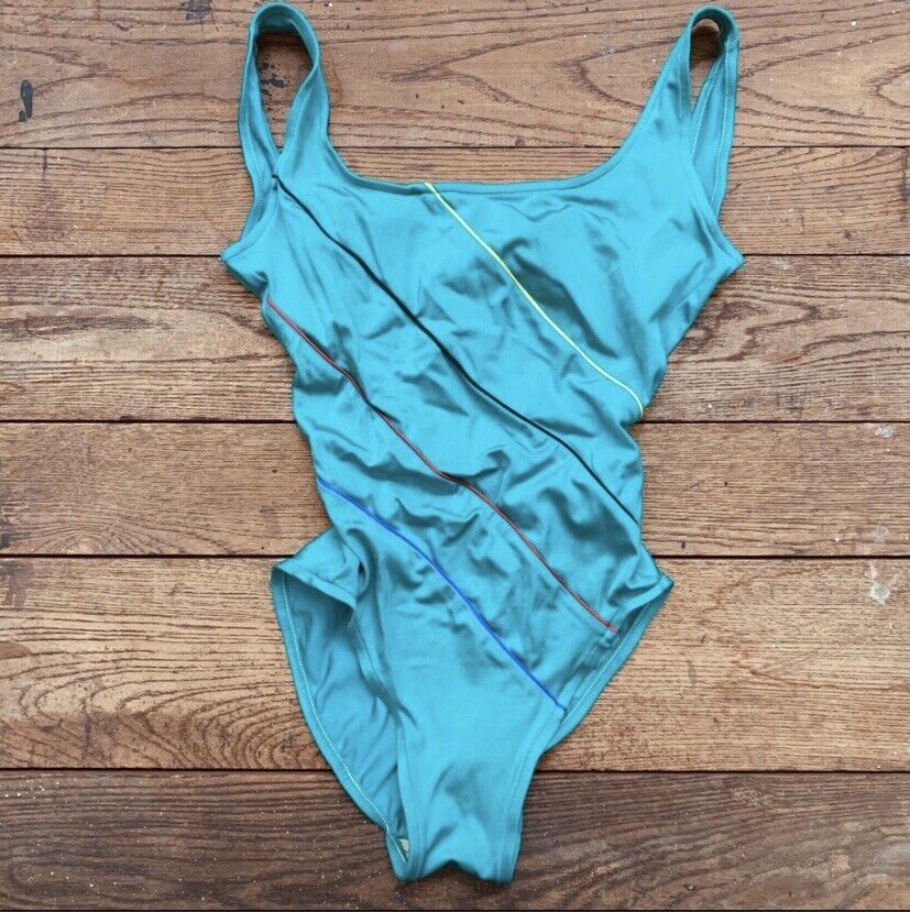 Vintage 80s Teal Primary Striped One Piece Bathing Suit