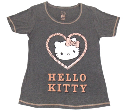 Hello Kitty L 44 46 T- Shirt Kurzarm Kurzarmshirt Damen Herz Katze Grau Neu