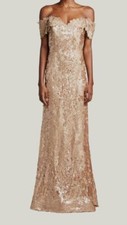 1795 Rene Ruiz Womens Gold Sequin-Embellished Off-Shoulder Gown Dress Size 2