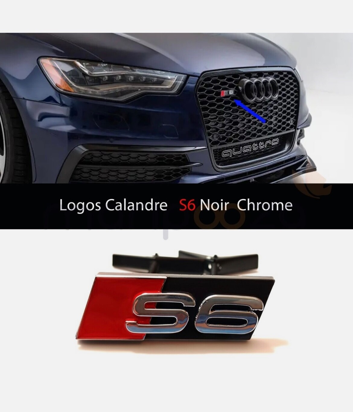 Sigle de calandre S6 avant noir chrome 72x22mm adapt&eacute; aux grilles Audi A6