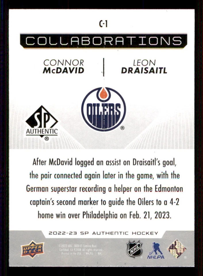 2022-23 SP Authentic Collaborations #C1 Connor McDavid/Leon Draisaitl - Image 2 of 2