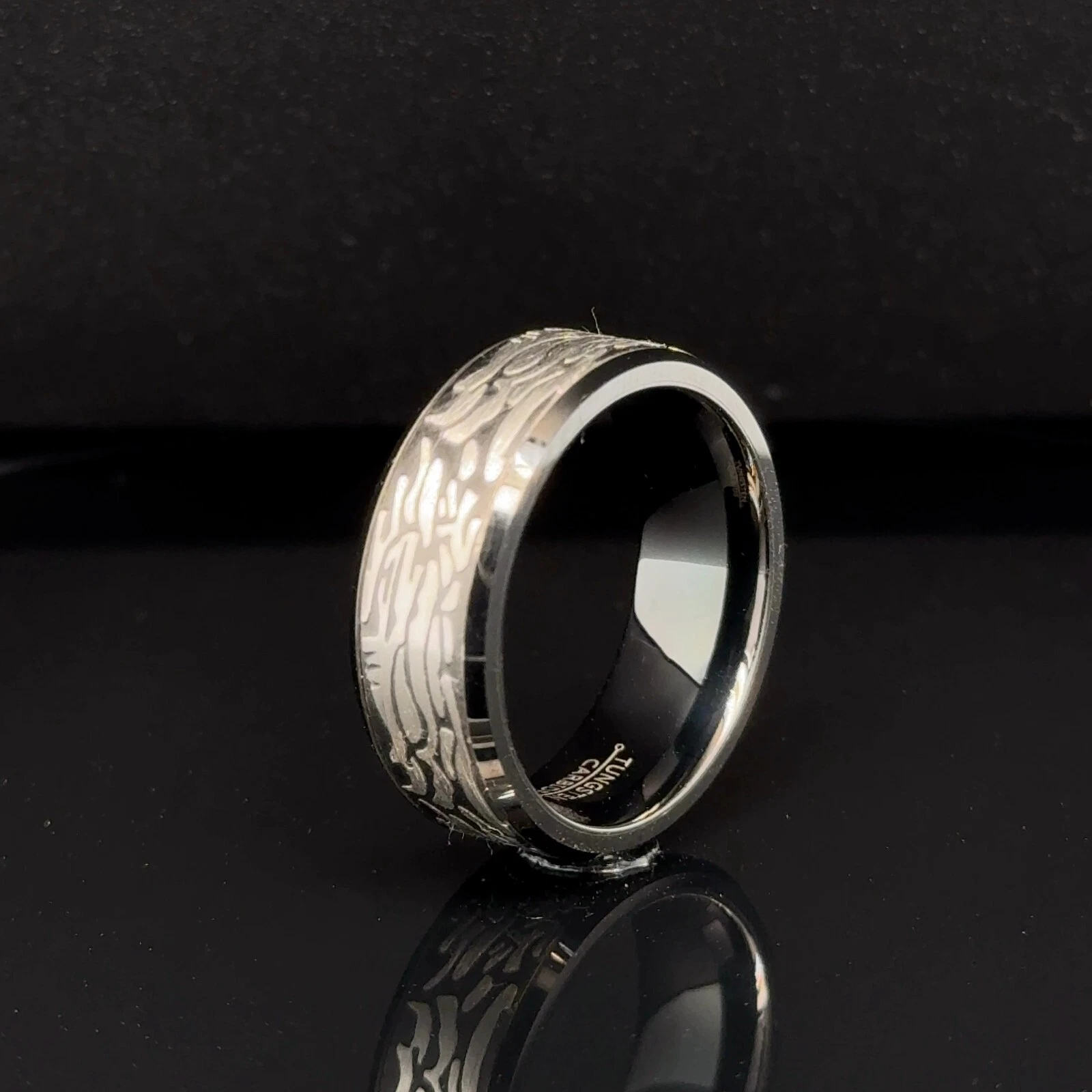 8mm Black Tungsten Carbide Band Silver Etched Design Polished Edges Unisex Ring
