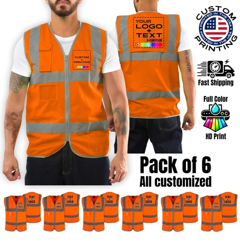Pack of 6 Custom Hi-Vis Safety Vests – Full-Color Personalized Print - product listing photo