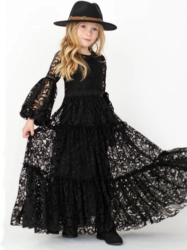 Girls Lace Long Sleeve Pink Dress Baby Kids Bohemia Princess Party Costumes - Picture 18 of 28