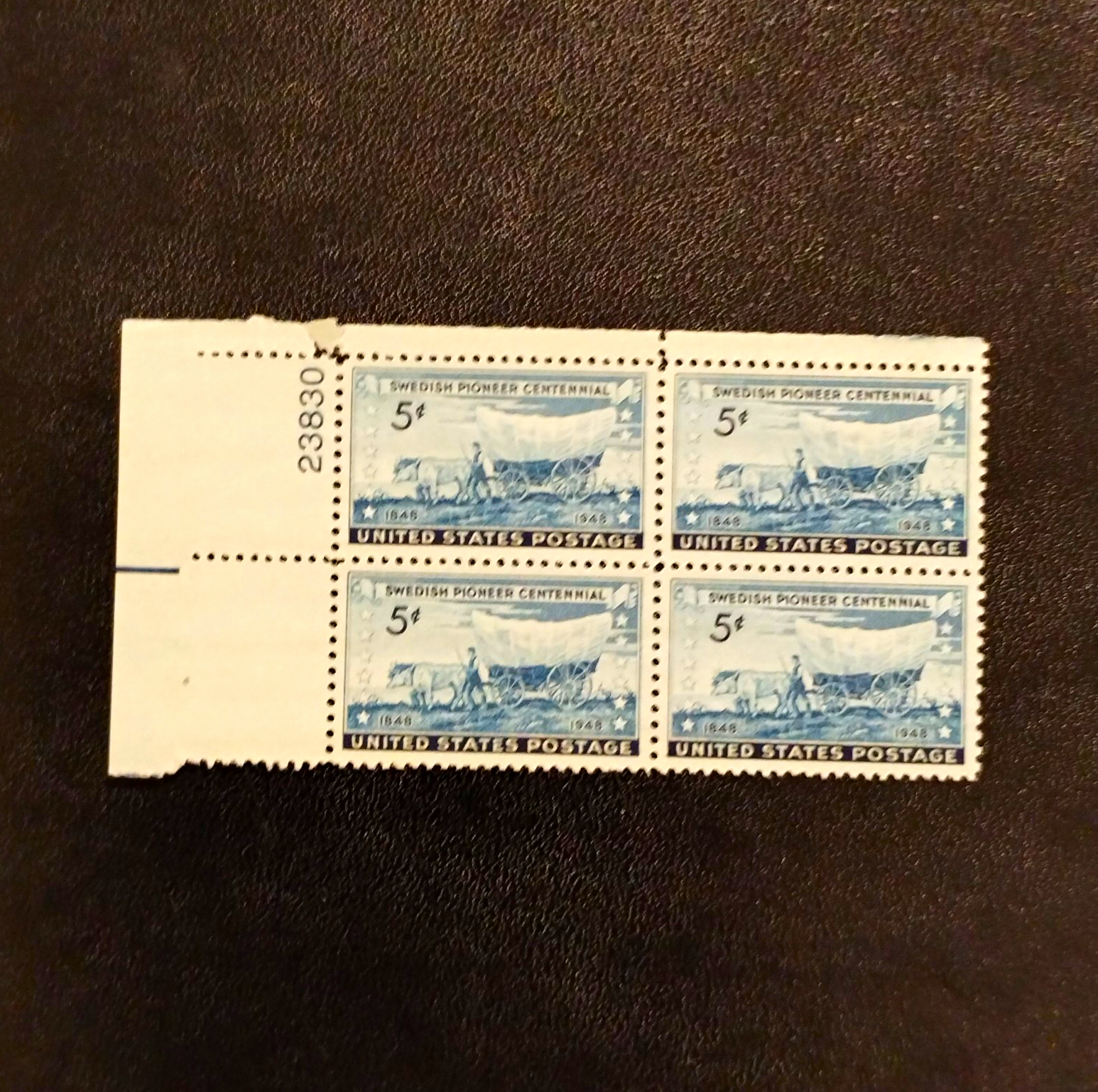 United States Swedish Pioneer Centennial 5c Blue Plate Block of 4 MNH 1948