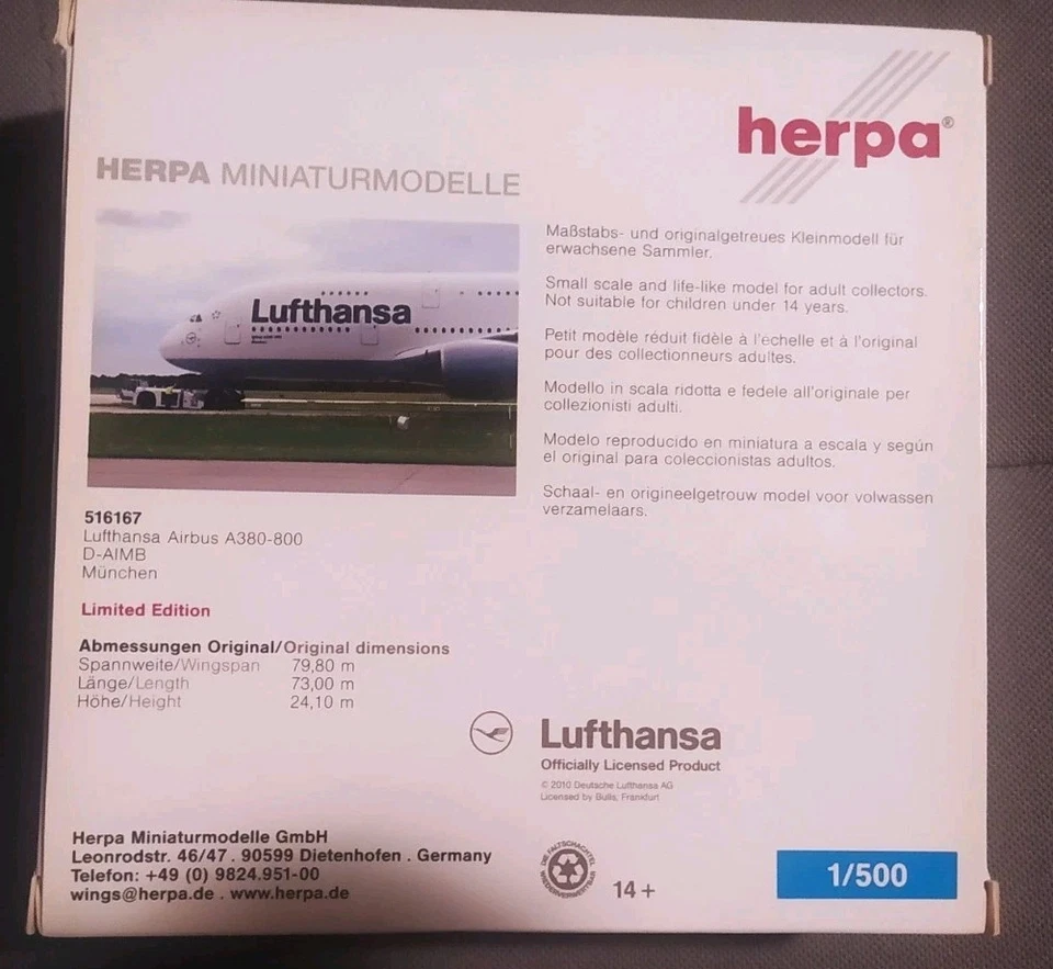 Herpa Wings LUFTHANSA AIRBUS A 380/800 MUNICH 1:500 NG New Rare - Immagine 4 di 4