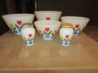 Vintage FIRE KING IVORY TULIP MIXING BOWL SET 1940's + S/P SHAKERS EXCELLENT !!!