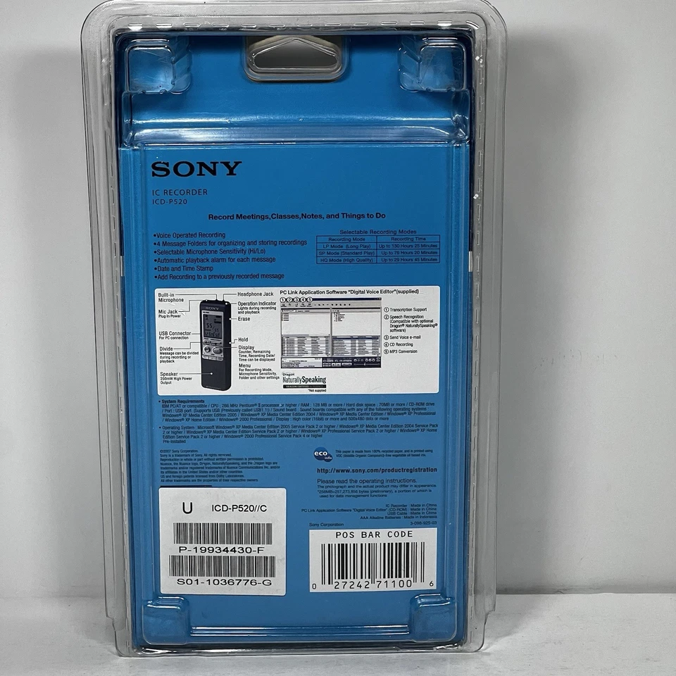 Sony ICD-P520 256 MB 130 Hrs Voice Recorder Digital And PC Link New Sealed - Image 3 of 4