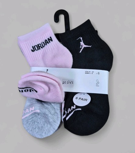 NIKE JORDAN Girls Socks Ankle Jumpman Basketball Cushioned 6 Pair Shoe 3Y-5Y - Picture 4 of 5