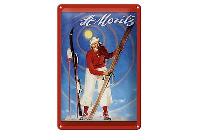 Blechschild Reise 20x30 cm St. Moritz Frau mit Ski Deko Schild