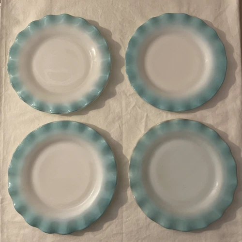 4x Vintage Hazel Atlas 7” Dessert Plates Ruffled Crinoline Blue Milk Glass