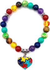 Autism Awareness 7 Chakra Beads Elastic Bracelet Colorful Beaded Love Heart C...