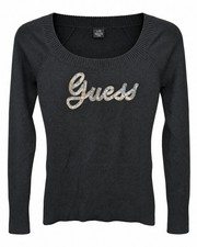 GUESS Jeans Women's L Black Rhinestone Logo Scoop Neck Y2K Sweater