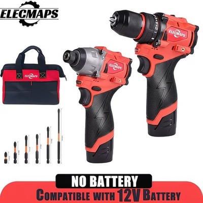 ELECMAPS Cordless 2pcs Tool Kit, 3/8  Chuck Drill And 1/4  Chuck Impact Driver