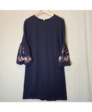 Loft Medium Dress Knit Knee Length Floral Embroidered Ruffle Sleeve Navy Blue