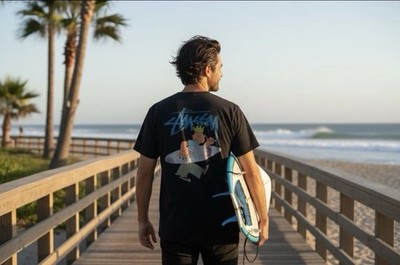 Stussy T-Shirt L Black Crown Surfer Graphic Back Rare CA USA Tag