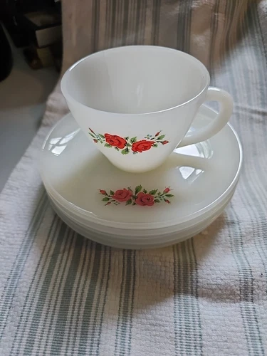 Vintage Fire King Roses mixed lot. 6 pcs 5 saucers and 1 as Is cup. 