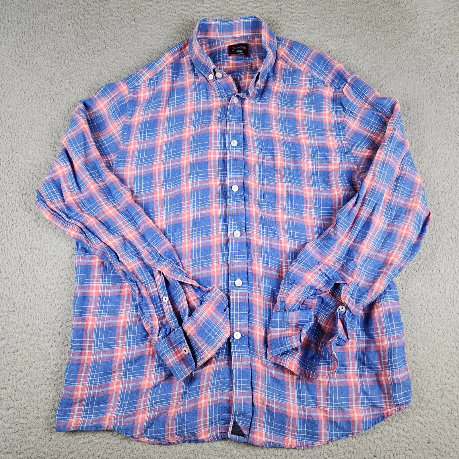 Untuckit Shirt Mens Large Blue Red Plaid Linen Long Sleeve Button Up Casual