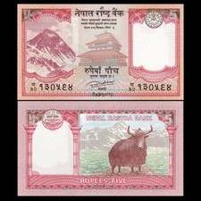 Banknote - 2020 Nepal, 5 Rupees, P76a UNC, Mt. Everest & Temple (F) Yak (R)