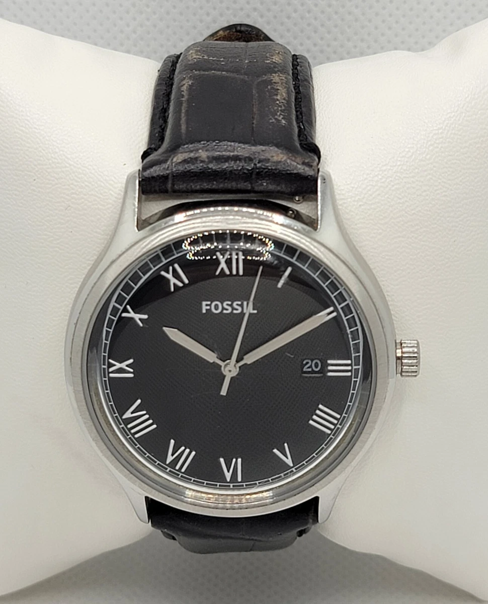Mens Fossil Ansel Silver Tone Black Dial Date Leather Analog Watch