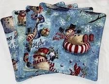Christmas Drink Coasters Snowman Snow Sledding Snowflake Tree Mug Rug Set of 4