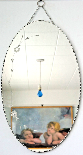 R)(T VINTAGE>OVAL 1930s-40s SCALLOPED MIRROR>26"x15"4KG>FLORAL PATTERN ETCHING - Picture 22 of 24