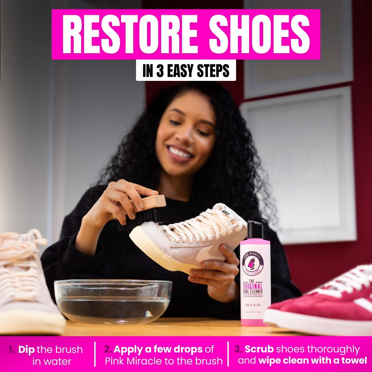 Pink Miracle Shoe Cleaner Kit w/ Brush - 8 oz. Sneaker Fabric and