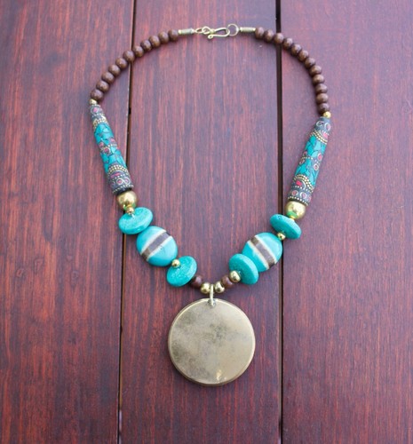 Turquoise & Coral Tibetan & Nepalese Tribal Style Boho Hippie Unique Necklace  - Zdjęcie 9 z 9