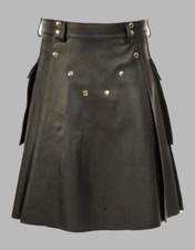 Men's Real Leather Pleated Kilt Clubwear Kilt With Side Pocket Utility Kilt