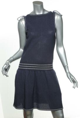 CHANEL Womens Navy Blue Cotton Knit Sleeveless Bow Rope Short Dress FR36 US4