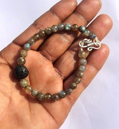 Labradorite, Lava Gemstone Round 8/12 mm Beads 925 Fine Silver 9" Bracelet - Picture 6 of 7