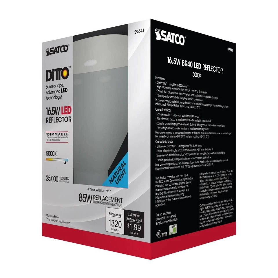 Satco S9641 - 16.5 Watt LED BR40 Dimmable Bulb - 5000K - 120 Volt (6 pack) - Image 4 of 4