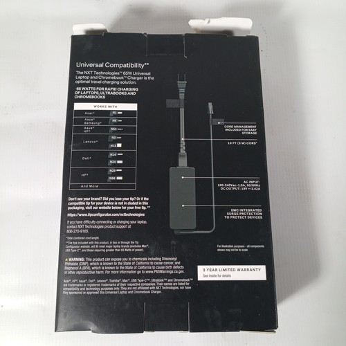 NXT Technologies Universal Laptop & Chromebook Charger 65W Rapid Charge 10' Cord - Picture 3 of 3