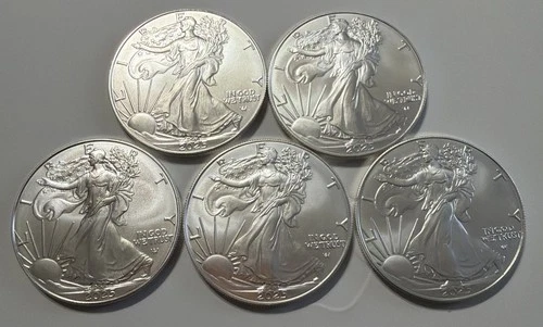 FIVE (5) 2025 SILVER AMERICAN EAGLES 1oz BULLION COINS
