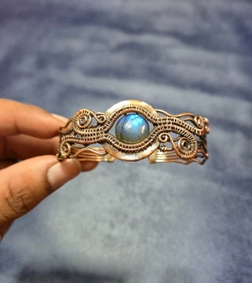 Labradorite Bangle Handmade Cuff Bangle Wire Wrap Bangle Copper Bracelet - Image 1 of 4