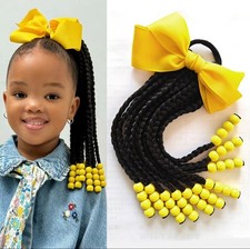 Kids Braided Ponytail Extension with Bow Beads Natural Black Synthetic Hair