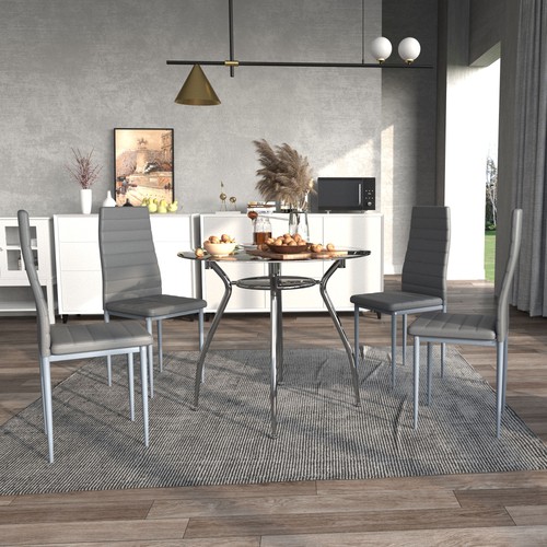Dining Table Set Round Glass Top Four Chairs Padded Faux Leather Modern Grey - Picture 11 of 12