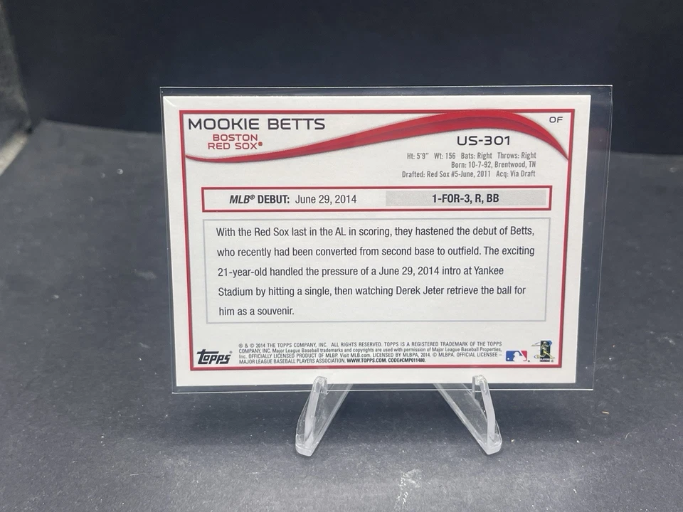 2014 MOOKIE BETTS TOPPS UPDATE BASEBALL DEBUT ROOKIE CARD #US301 RC HOT - Image 2 of 2