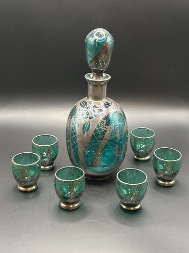 Antique Venetian Murano Glass Silver Overlay Decanter and 6 Glasses 1920's GLOWS - Picture 2 of 19
