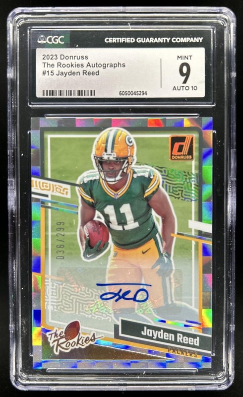 2023 Panini Donruss Jayden Reed The Rookies Auto Rookie RC #/299 Packers CGC 9