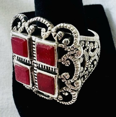 Barse 925 Sterling Silver Red Stone Filigree Statement Ring Size 8 18.8g