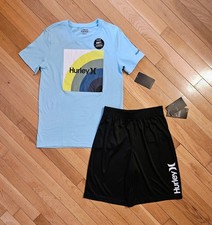 NEW Hurley Youth Big Boy Cotton T-Shirt Short Set, Blue/Black YM - 10/11