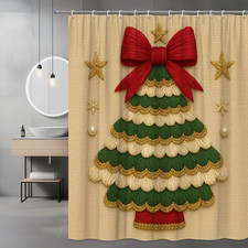 Embroidered Christmas Tree Shower Curtain with Red Bow and Gold Stars