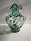 1994 Fenton Vining Garden Sea Green Signed Hand Painted Glass Vase Ht 12”x8” Dia