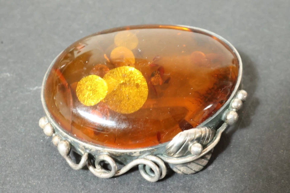 Vecchia Spilla D'Argento In Ambra Butterscotch Stile Liberty 5Cm - Immagine 2 di 4
